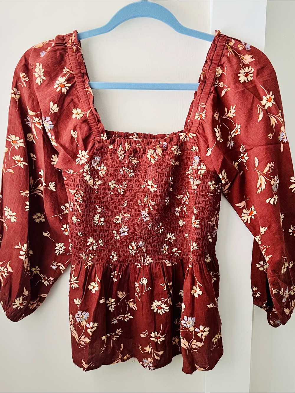 Like New- Madewell Floral Smocked Square-Neck Top - Burgundy
